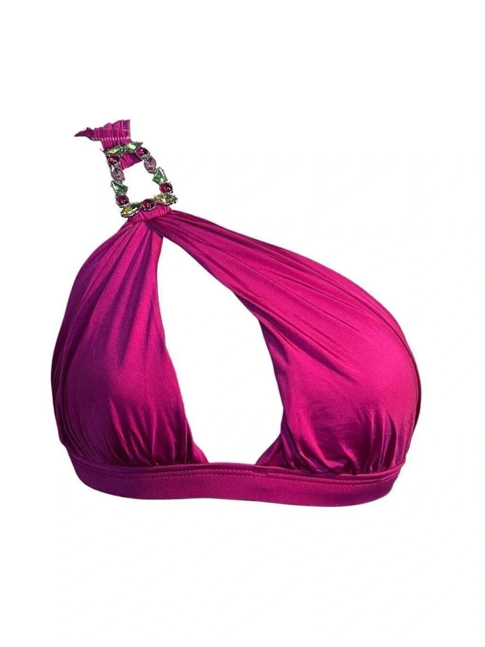Women’s One-Shoulder Fuchsia Bikini with Jewel Accents